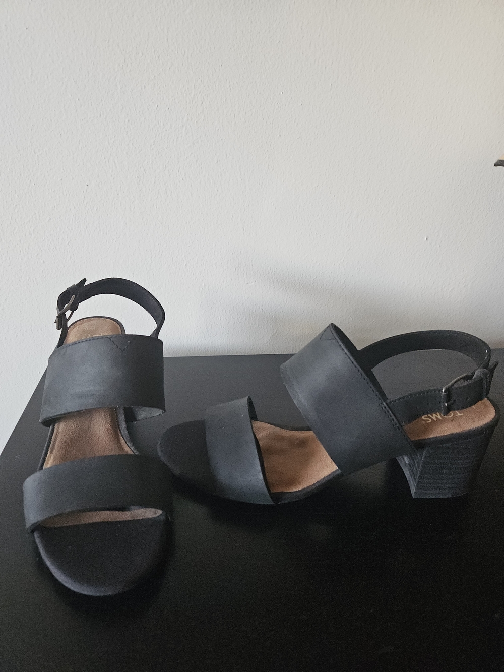 Toms Black Two-Strap Block Heel Sandals